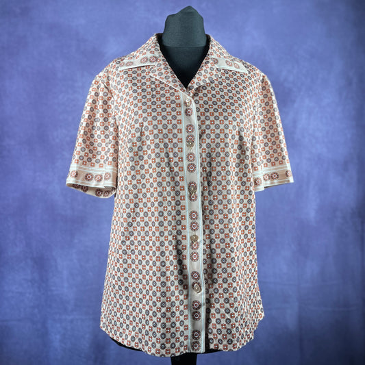 Vintage 1970s Womens Flower Shirt Beige Brown Short Sleeve Shirt