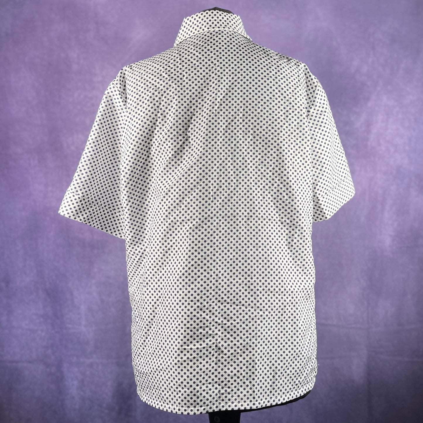 Vintage 1970s White Dark Blue Navy Polka Dot Short Sleeve Shirt