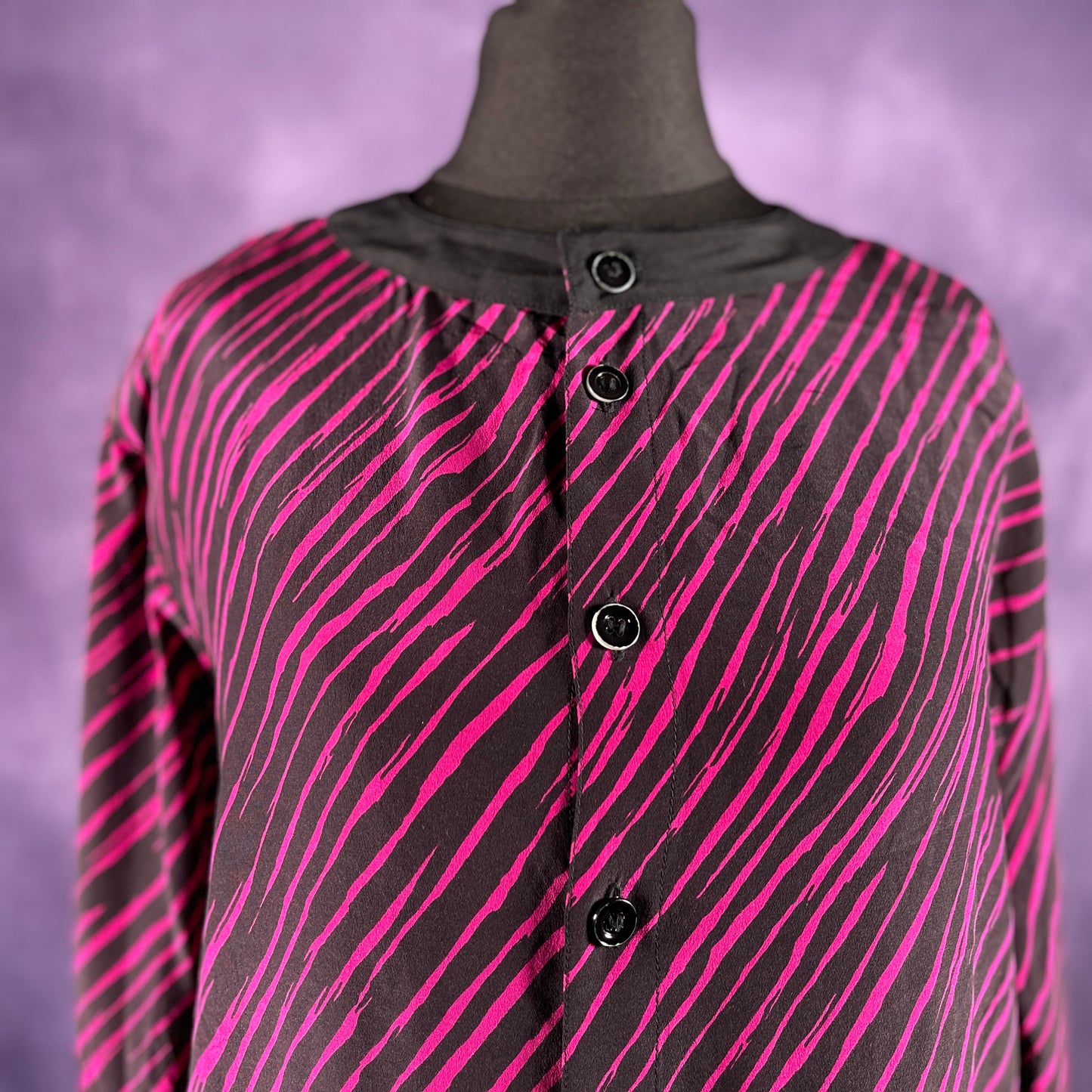 Vintage 1980s Women's Guy Laroche Silk Shirt Black Pink Button Up
