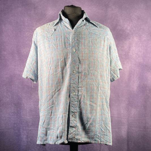 Vintage 1970s Blue Red Check Men Checkered Shirt Fleck Rockabilly Dagger Collar XXL