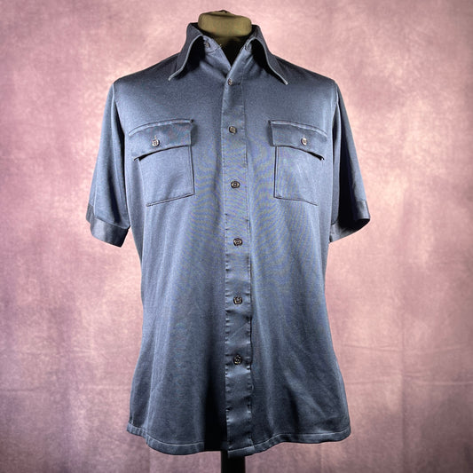Vintage Mens 1970s 80s Jc Penney Navy Blue Short Sleeve Shirt Large
