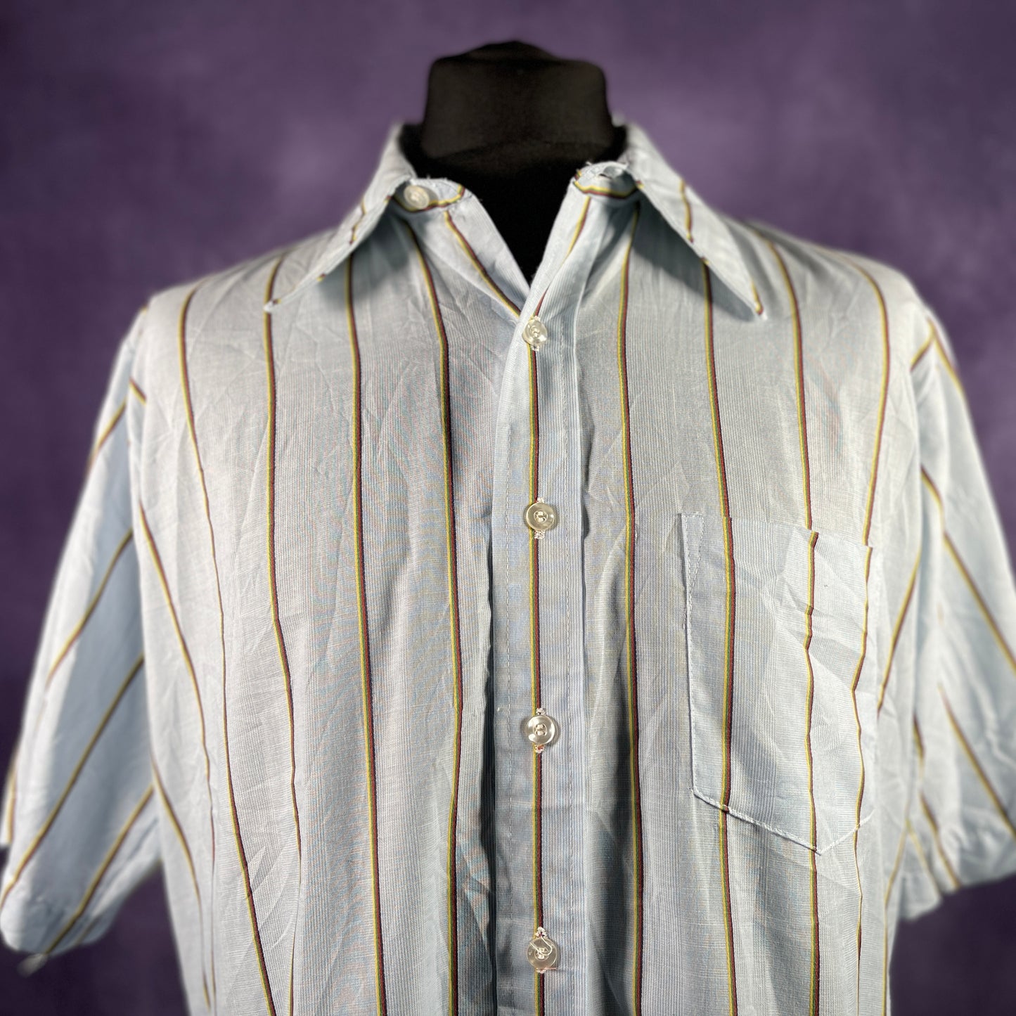 Vintage 1970s Light Blue Multicoloured Striped Mens Dagger Collar Shirt XXL