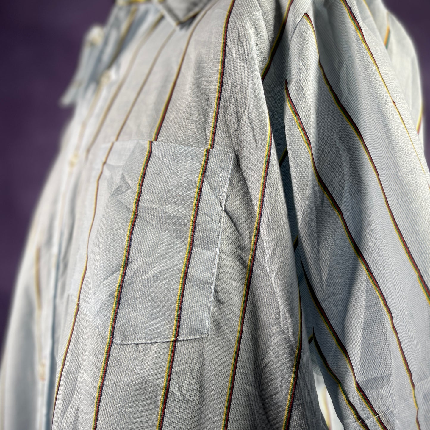 Vintage 1970s Light Blue Multicoloured Striped Mens Dagger Collar Shirt XXL