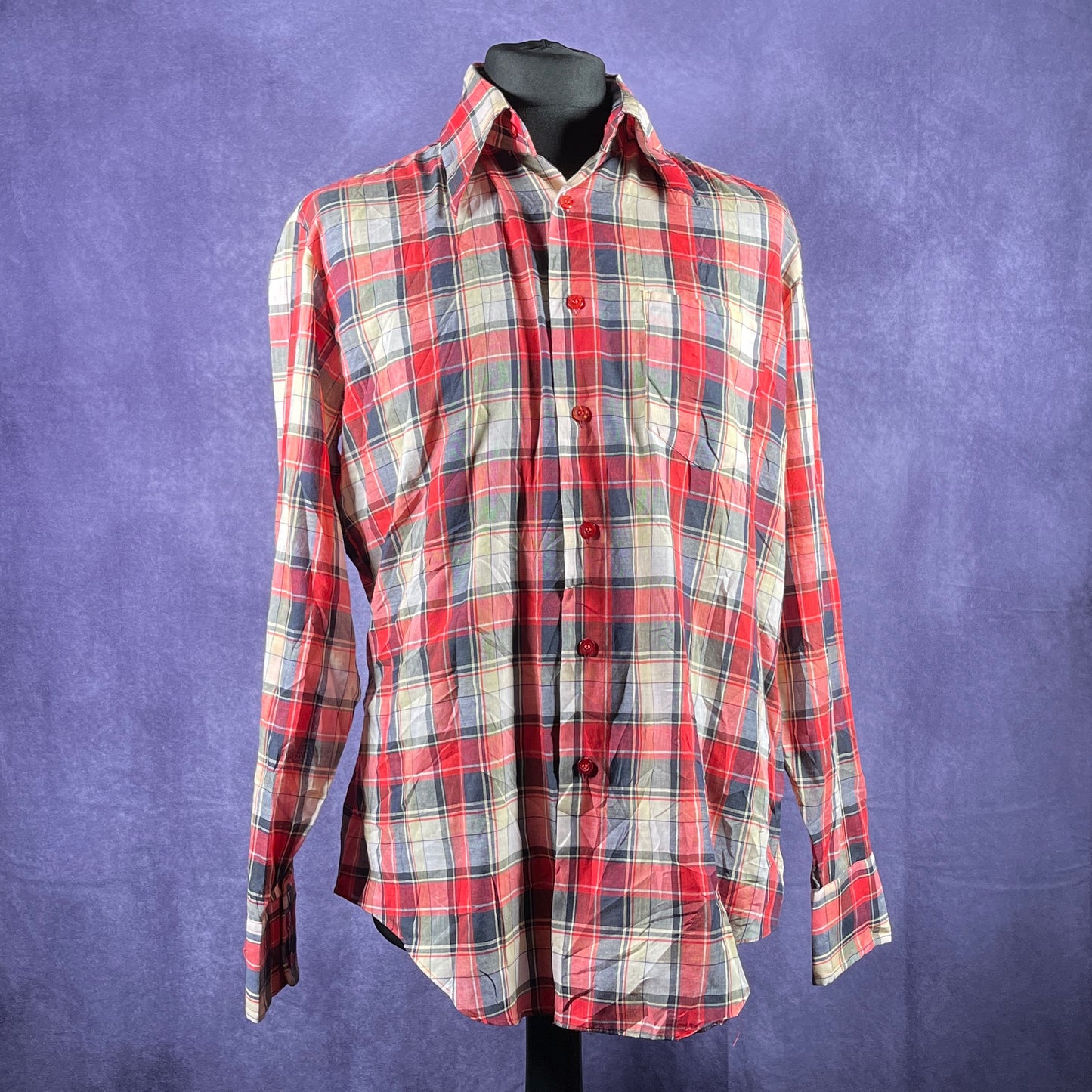 Vintage 1970s 80s Banyan Mens Dagger Collar Check Red White Black Shirt XL