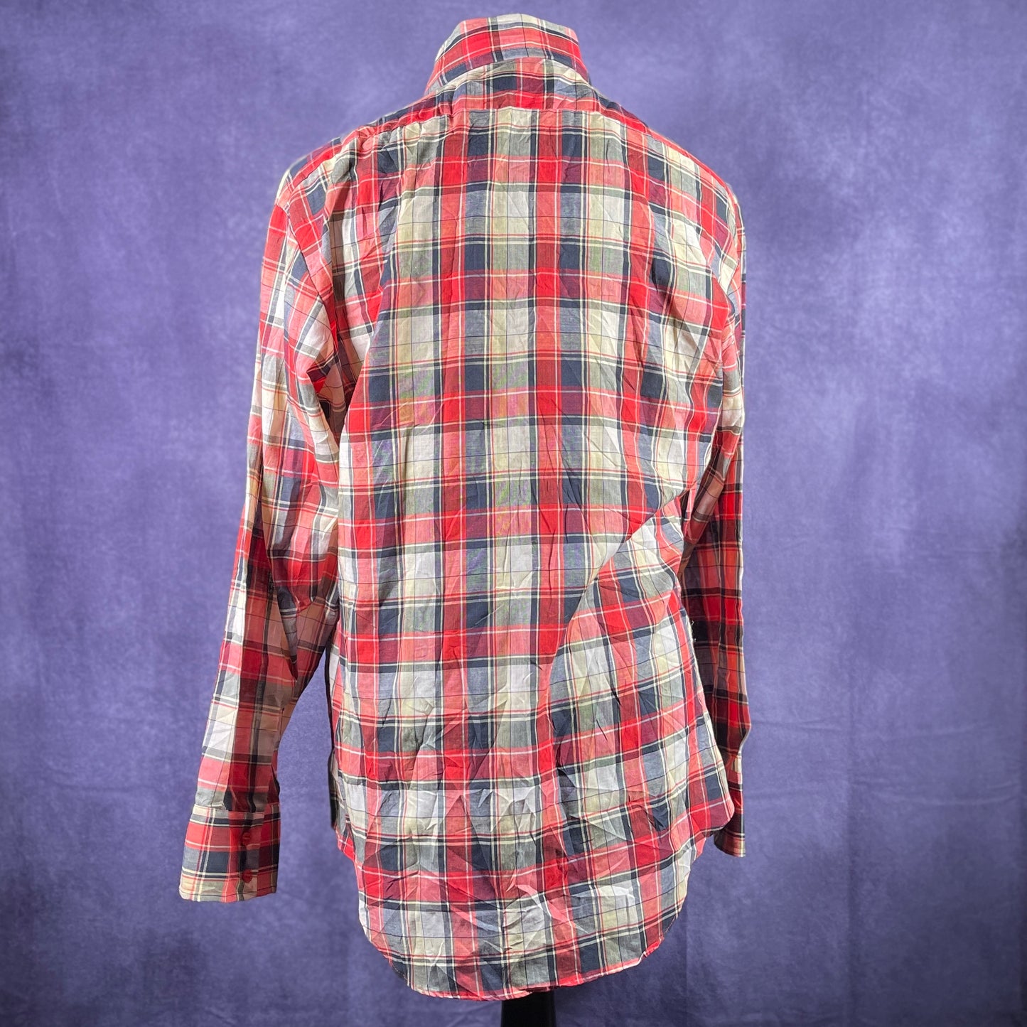 Vintage 1970s 80s Banyan Mens Dagger Collar Check Red White Black Shirt XL