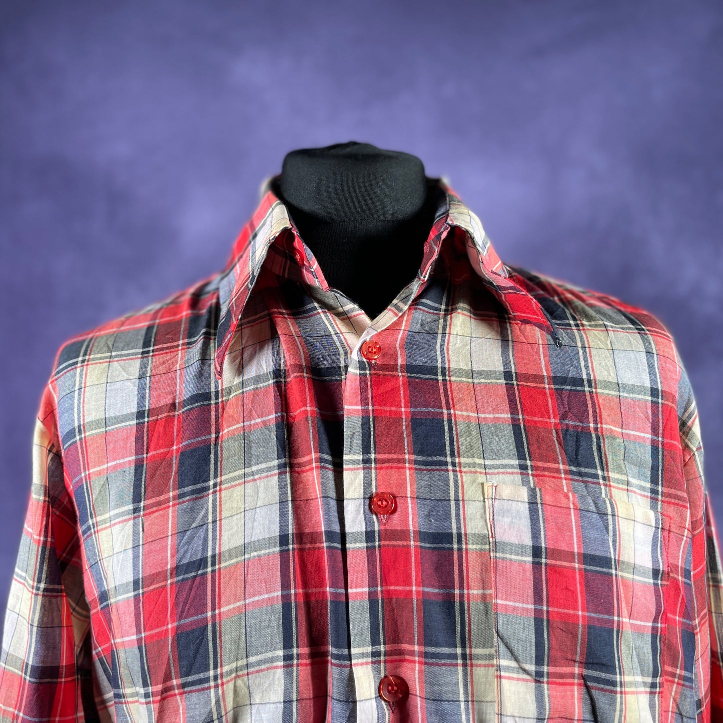 Vintage 1970s 80s Banyan Mens Dagger Collar Check Red White Black Shirt XL