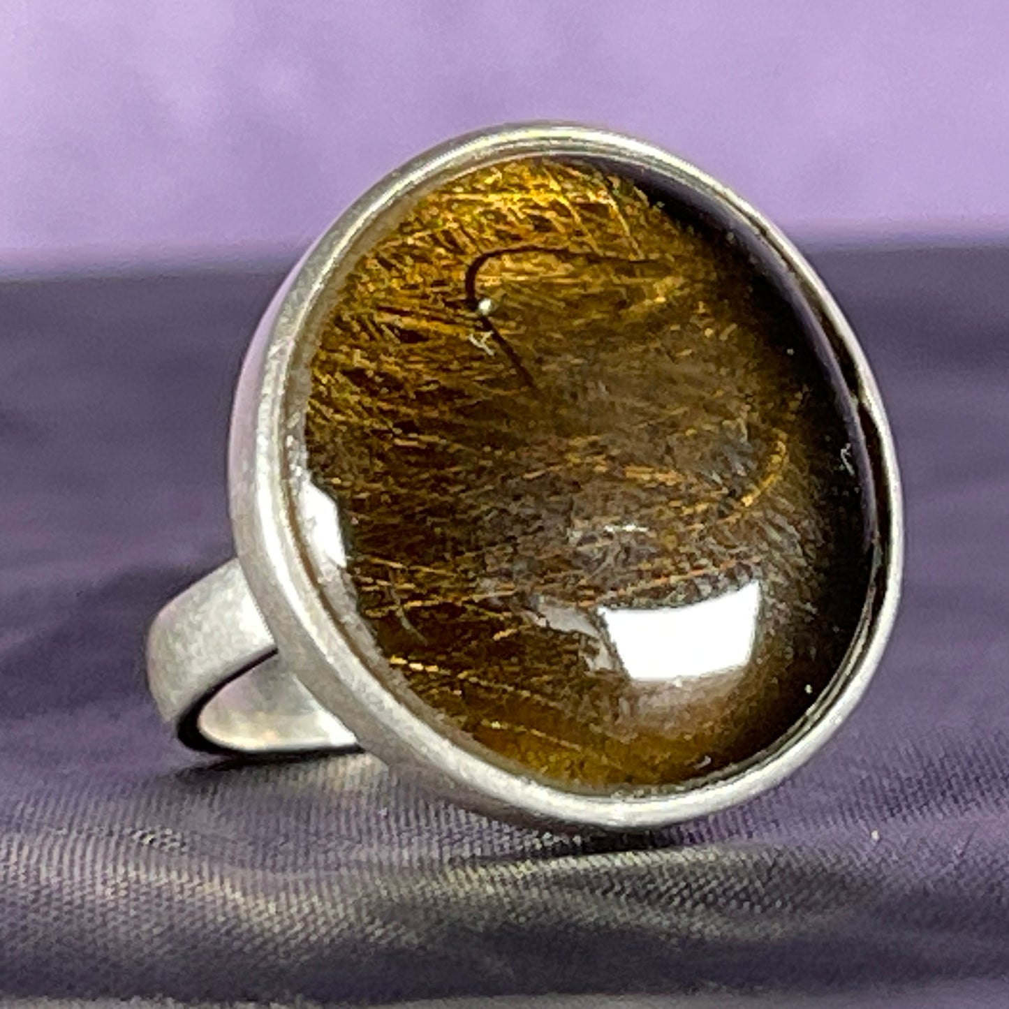 Vintage Sterling Silver 925 Large Tigers Eye Circle Ring Size Q - 8