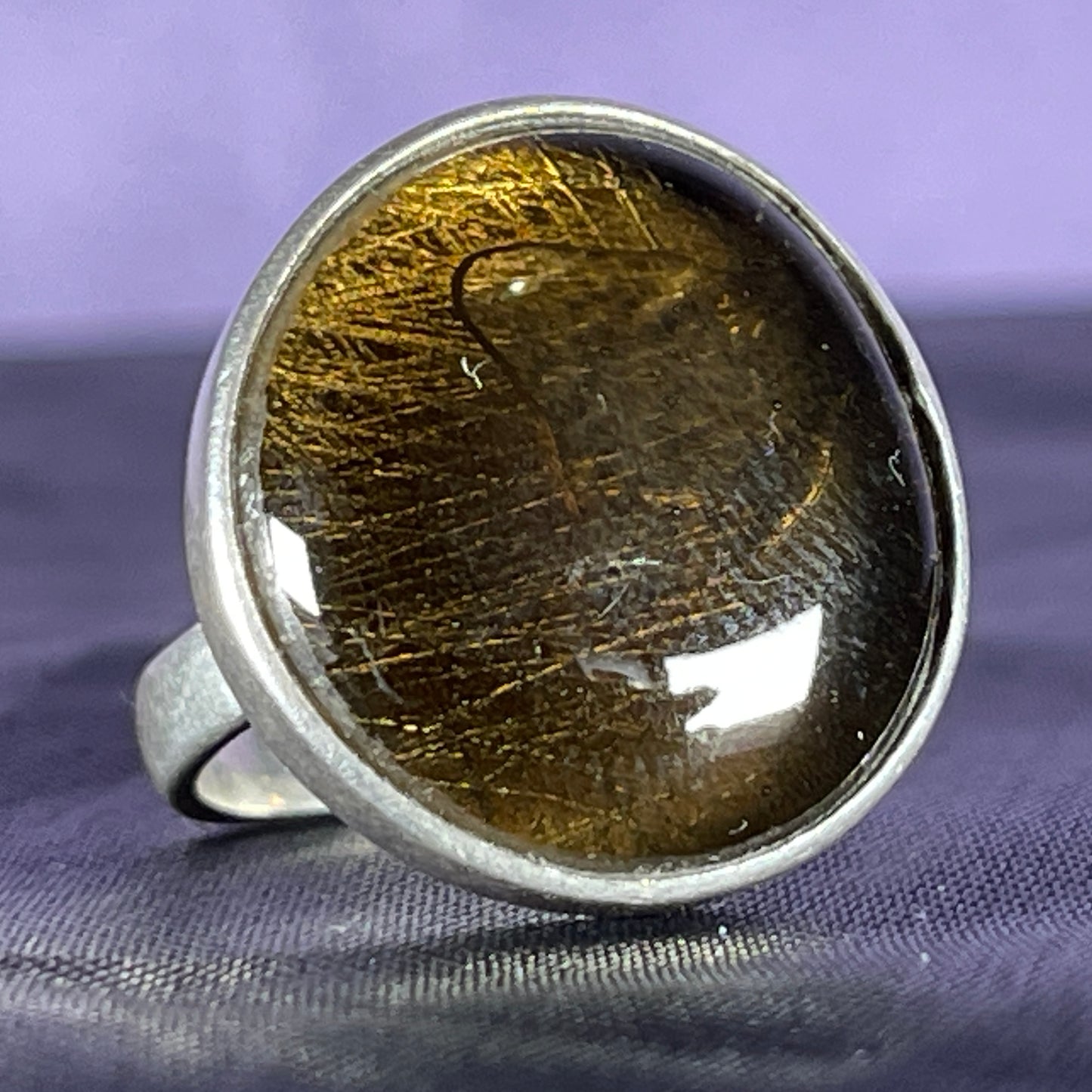 Vintage Sterling Silver 925 Large Tigers Eye Circle Ring Size Q - 8