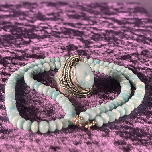 2 Piece Sterling Silver and Larimar Necklace and Ring Size S.25 / 9.25 Chain