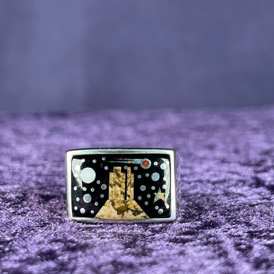 Native American Navajo Sterling Silver Retangle Ring 925 Calvin Begay Stary Night Opal Size W.5 / 11.5
