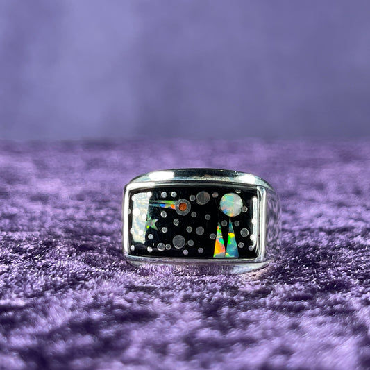 Native American Navajo Sterling Silver Rectangle Ring 925 Calvin Begay Starry Night Opal Size W / 11