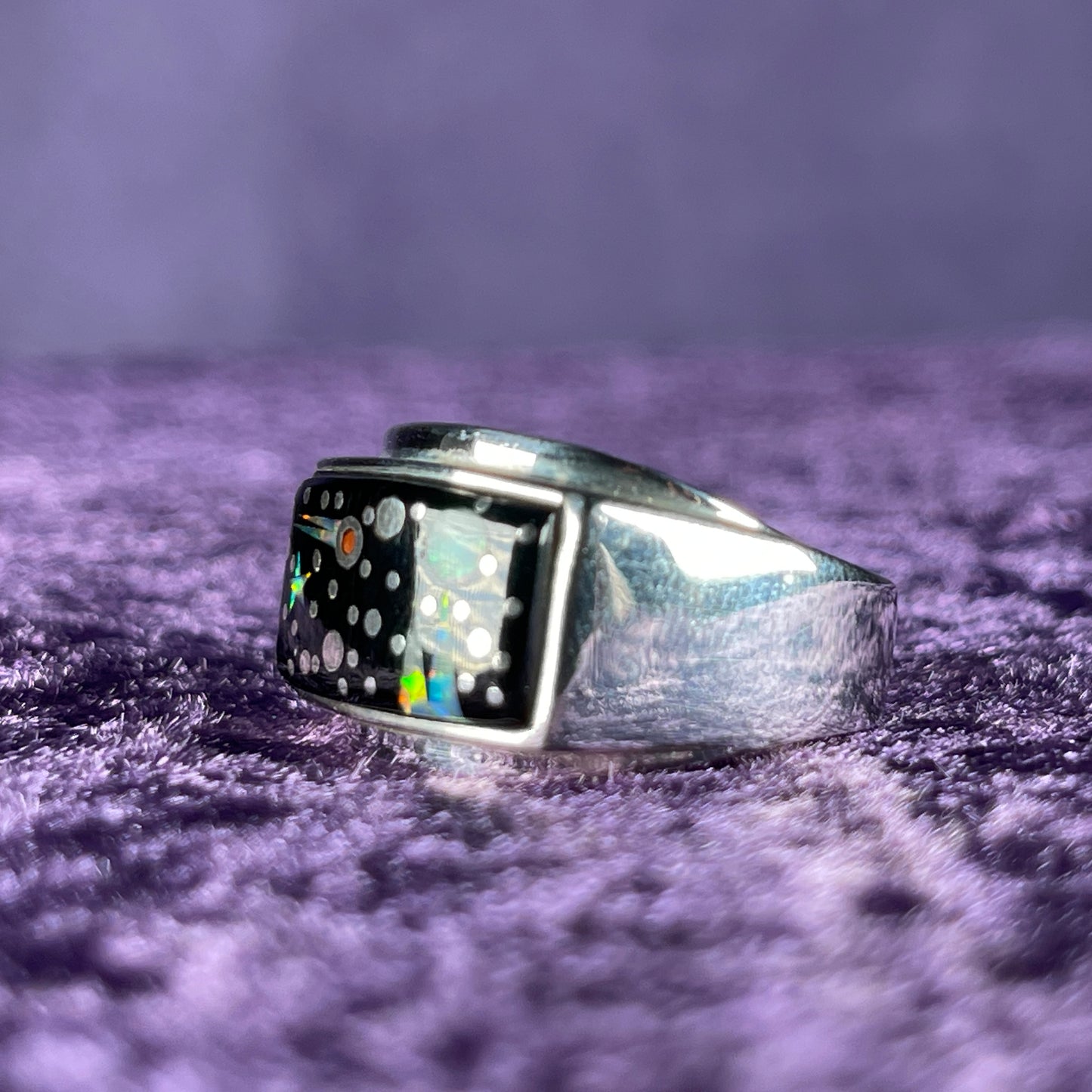 Native American Navajo Sterling Silver Rectangle Ring 925 Calvin Begay Starry Night Opal Size W / 11
