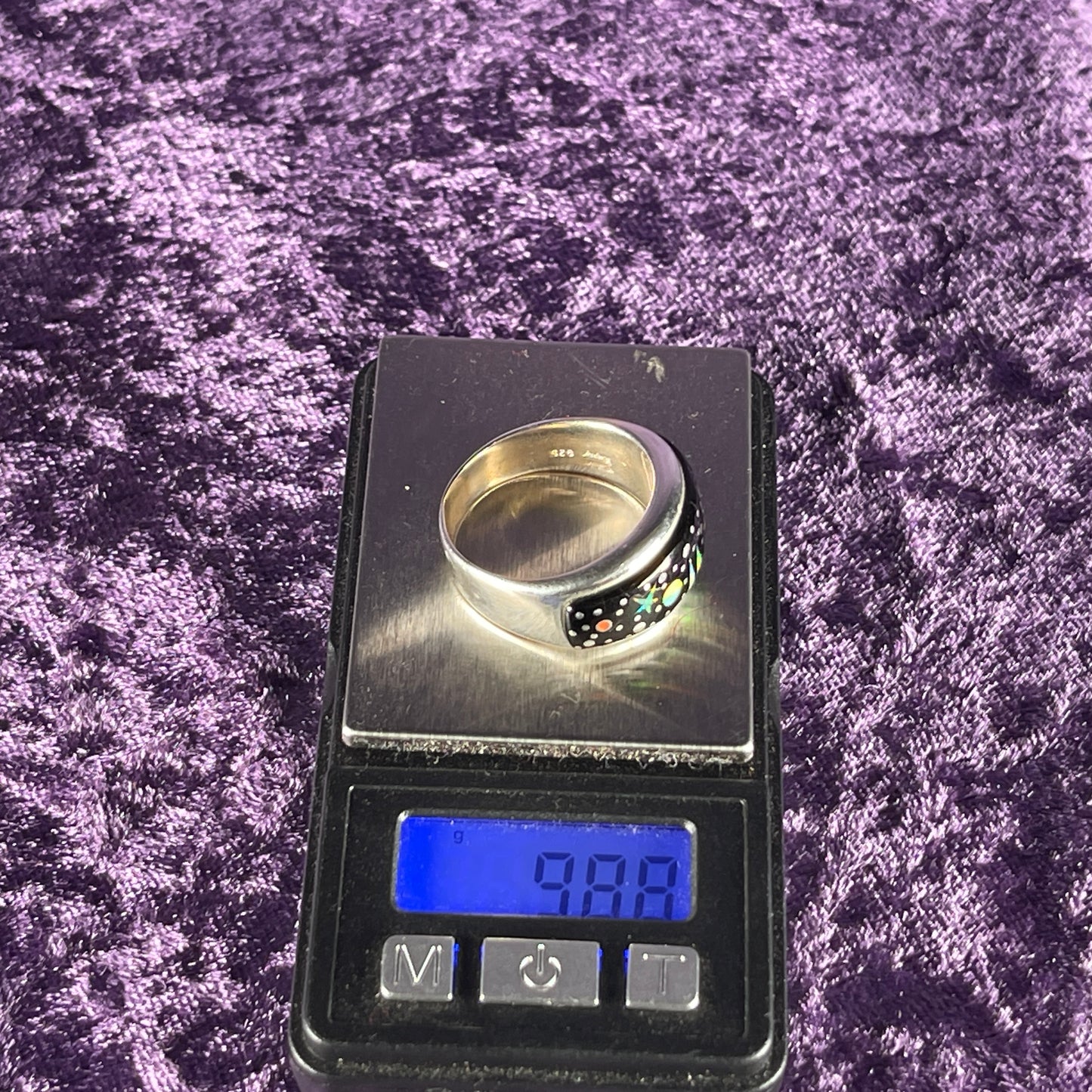 Native American Navajo Sterling Silver Rectangle Ring 925 Calvin Begay Stary Night Opal Size V / 10.25