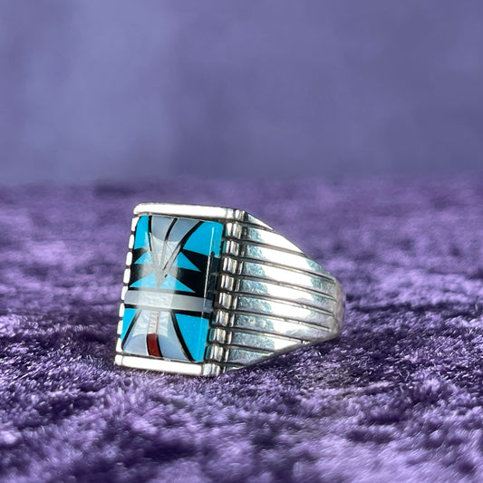 Native American Navajo Sterling Silver Ring 925 Sam Begay Turquoise Coral Mother of Pearl Size Z + 2 / 13.5