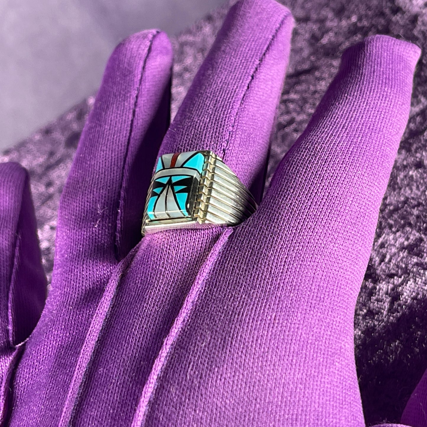 Native American Navajo Sterling Silver Ring 925 Sam Begay Turquoise Coral Mother of Pearl Size Z + 2 / 13.5