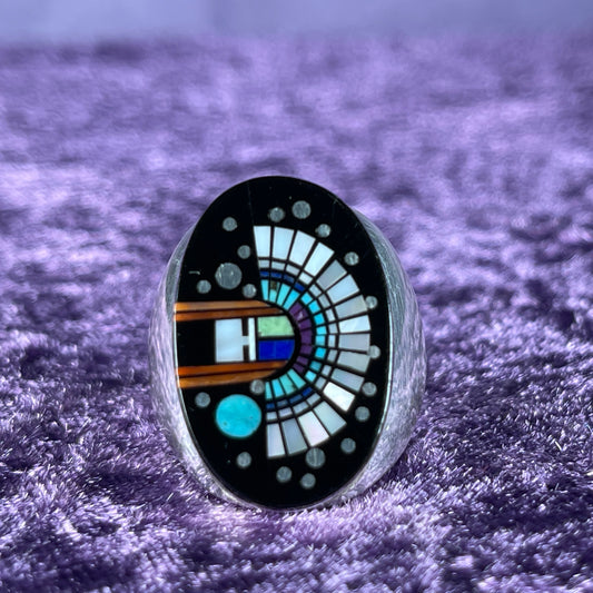 Native American Navajo Sterling Silver Ring 925 Clayton Tom Jet Opal Size U.5 / 10.25
