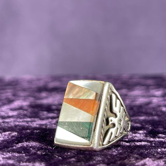 Vintage Fred Harvey Era Rising Sun Zuni Thunderbird &amp; Kachina Navajo 925 Silver Size R / 8.5