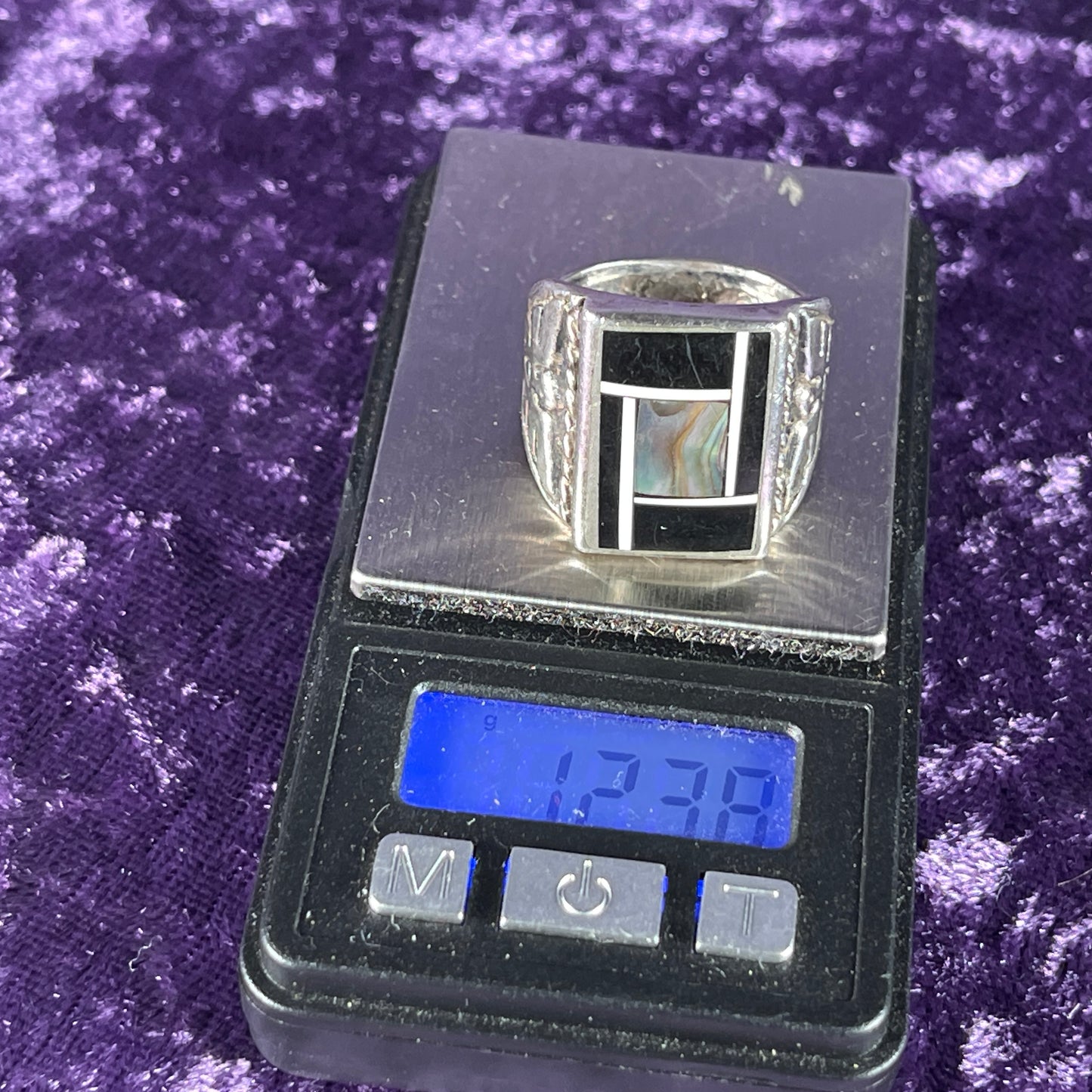 Vintage Fred Harvey Era Jet Mother of Pearl Shell Thunderbird & Kachina Navajo 925 Silver Size U / 10