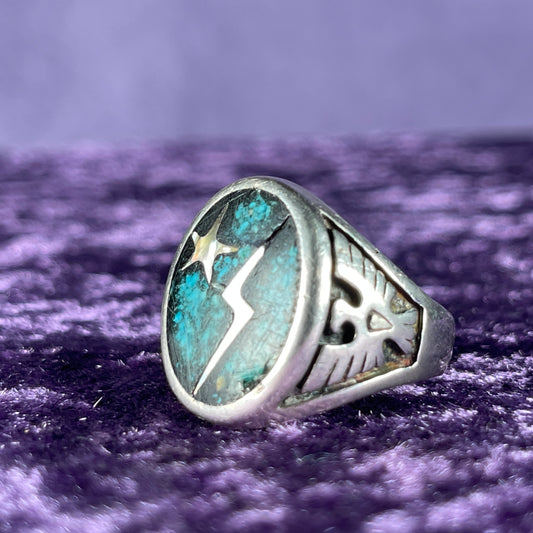 Vintage Thunderbird Lightning Star Turquoise Navajo 925 Silver Size W / 11