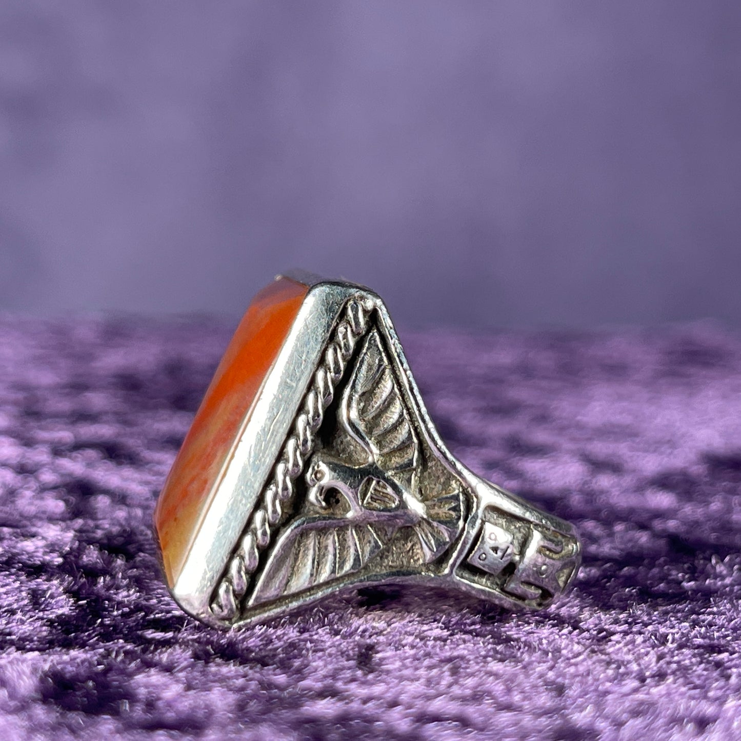 Vintage Native American Petrified Wood Thunderbird & Kachina Navajo 925 Silver Size S.5 / 9.5