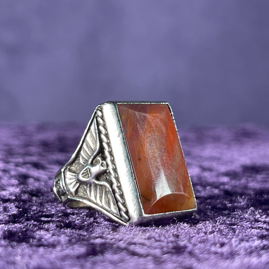 Vintage Native American Petrified Wood Thunderbird & Kachina Navajo 925 Silver Size S.5 / 9.5