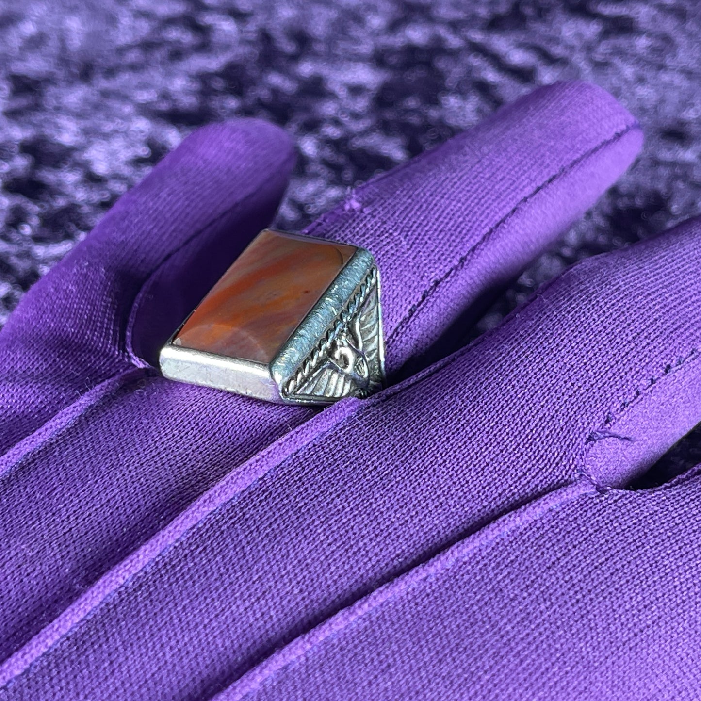 Vintage Native American Petrified Wood Thunderbird & Kachina Navajo 925 Silver Size S.5 / 9.5