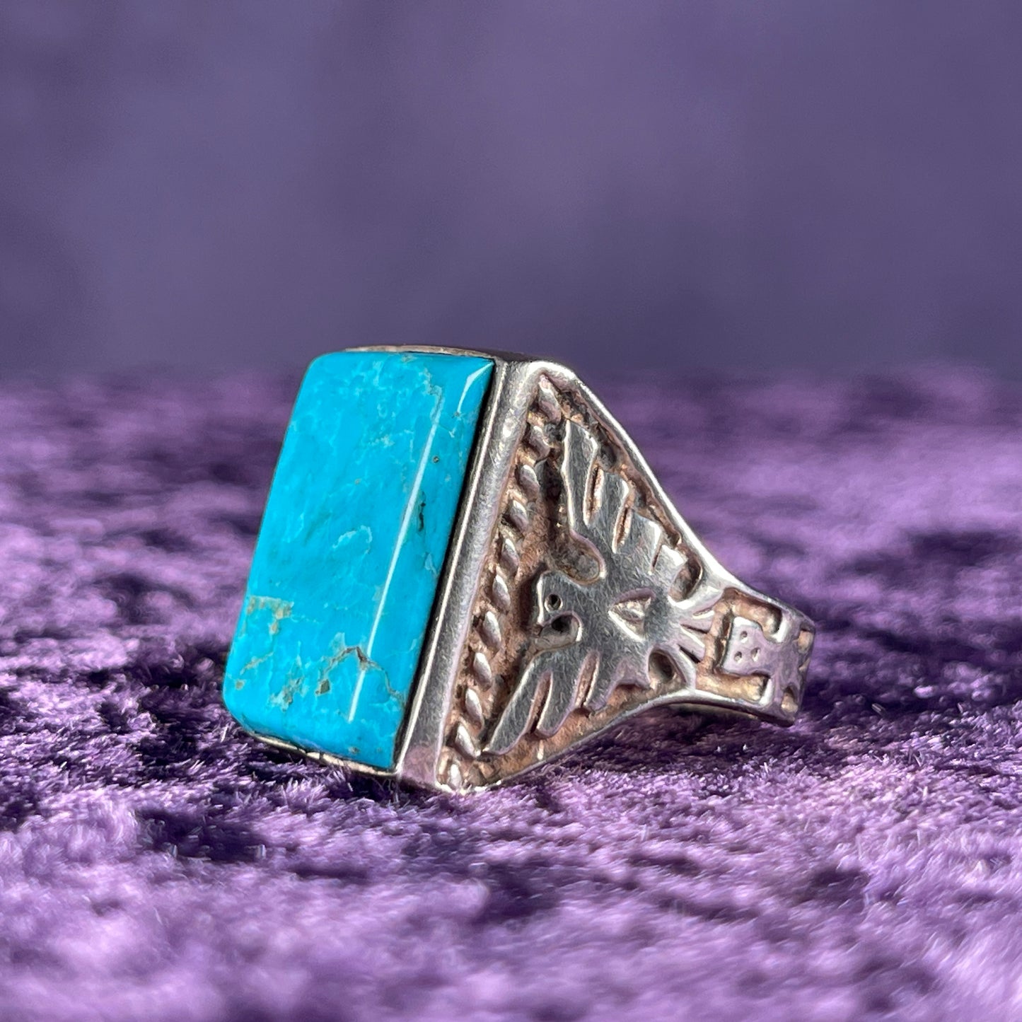 Vintage Native American Turquoise Thunderbird Navajo 925 Silver Size X / 10.5