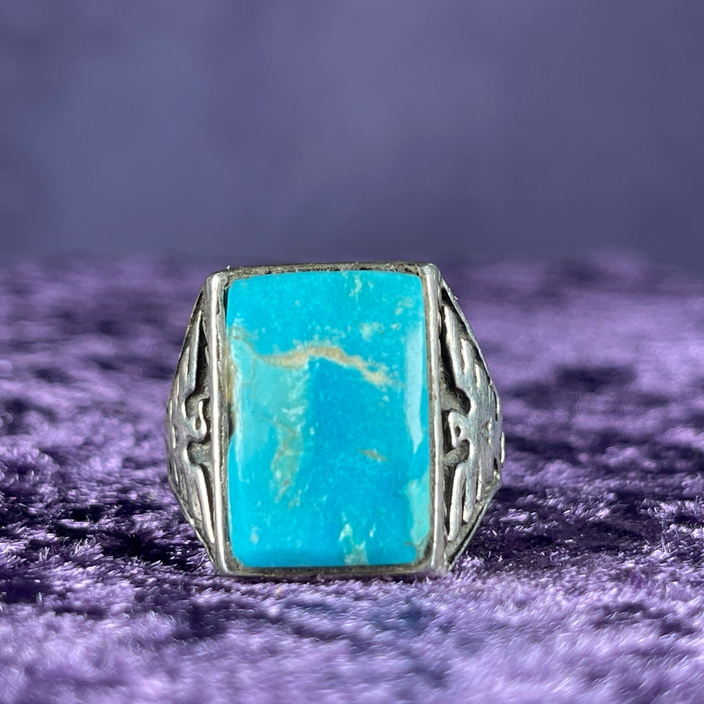 Vintage Native American Striated Turquoise Thunderbird &amp; Kachina Navajo 925 Silver Ring Size X.5 / 11.75