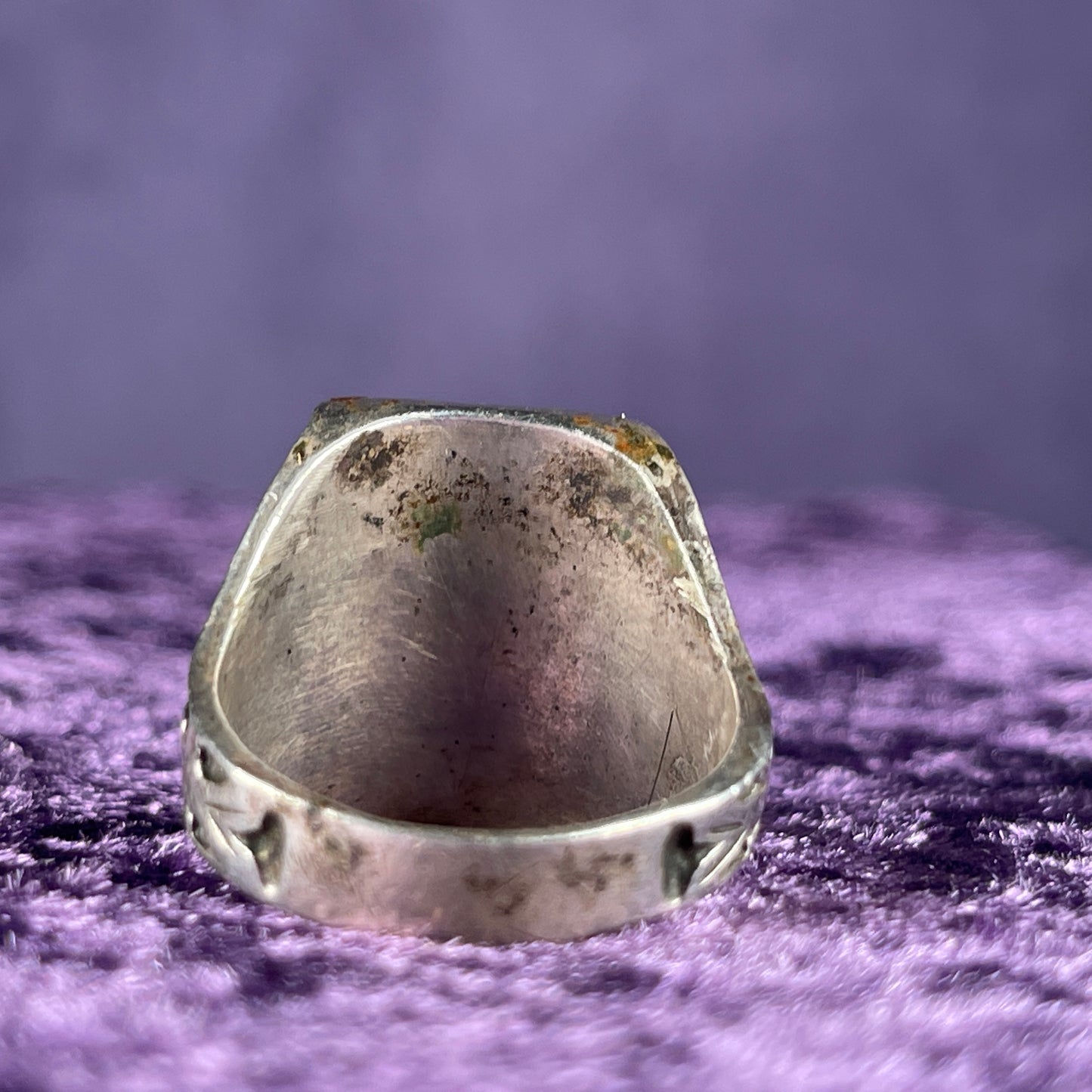 Vintage Native American Striated Turquoise Thunderbird &amp; Kachina Navajo 925 Silver Ring Size X.5 / 11.75