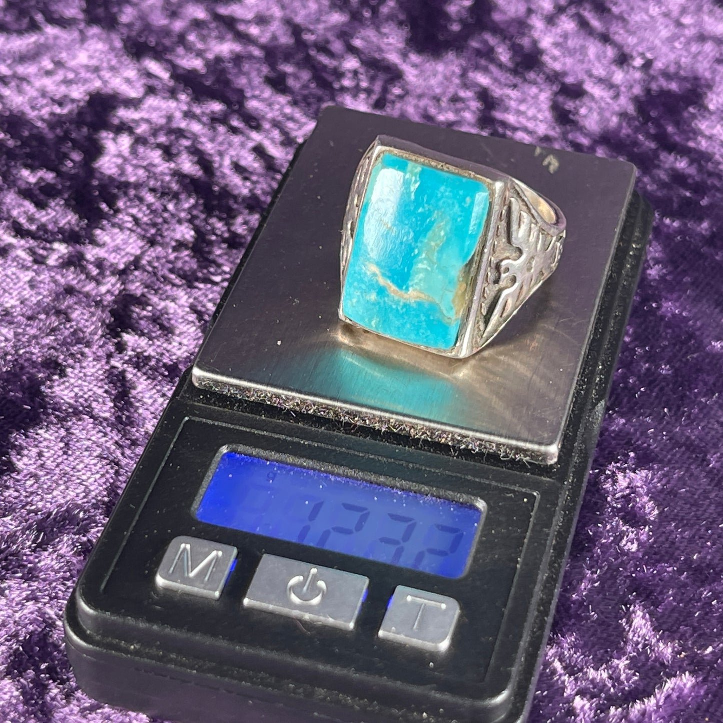 Vintage Native American Striated Turquoise Thunderbird &amp; Kachina Navajo 925 Silver Ring Size X.5 / 11.75