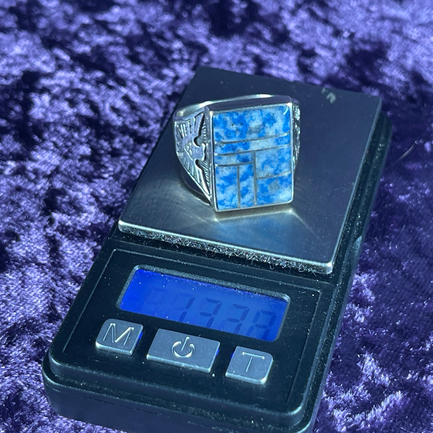 Native American Contemporary Navajo Cloudy Lapis Thunderbird 925 Silver Ring Size Z / 12.5&nbsp;
