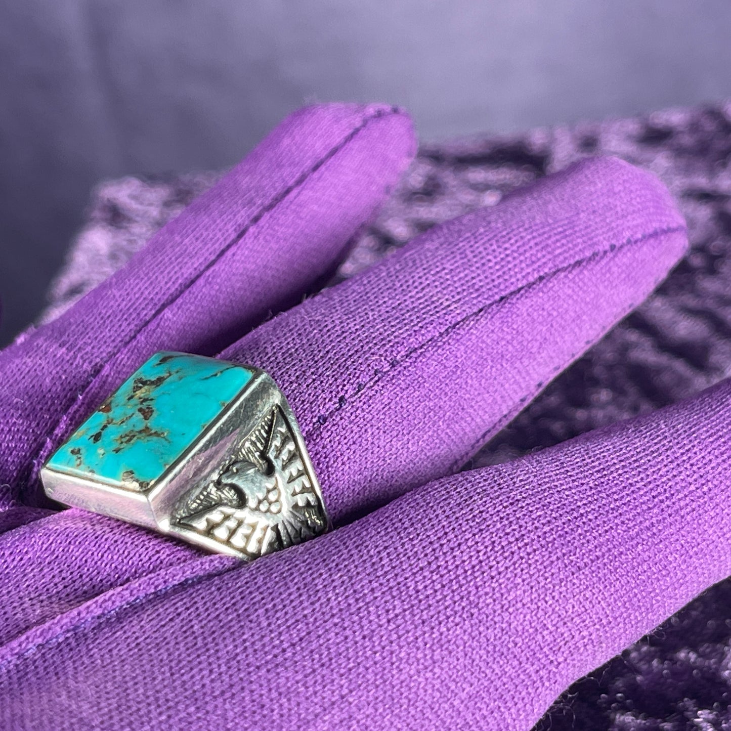 Native American Contemporary Turquoise Thunderbird Navajo 925 Silver Ring Size Z + 1 / 13