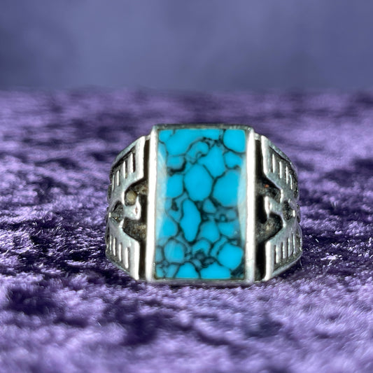 Vintage Native American Spiderweb Turquoise Thunderbird Kachina Navajo 925 Silver Ring Size Z / 12.5&nbsp;
