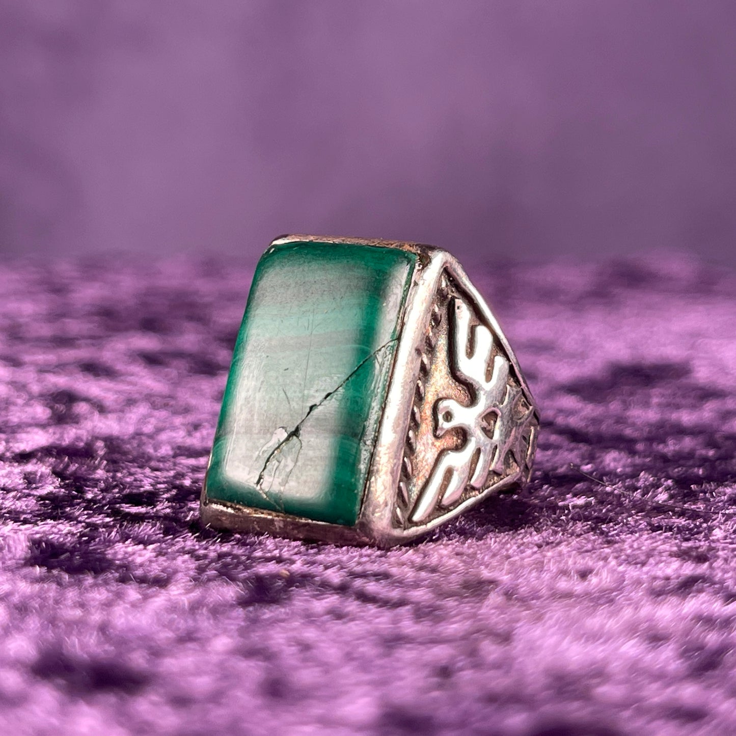 Vintage Native American Malachite Thunderbird &amp; Kachina Navajo 925 Silver Ring Size 9.5 / T&nbsp;