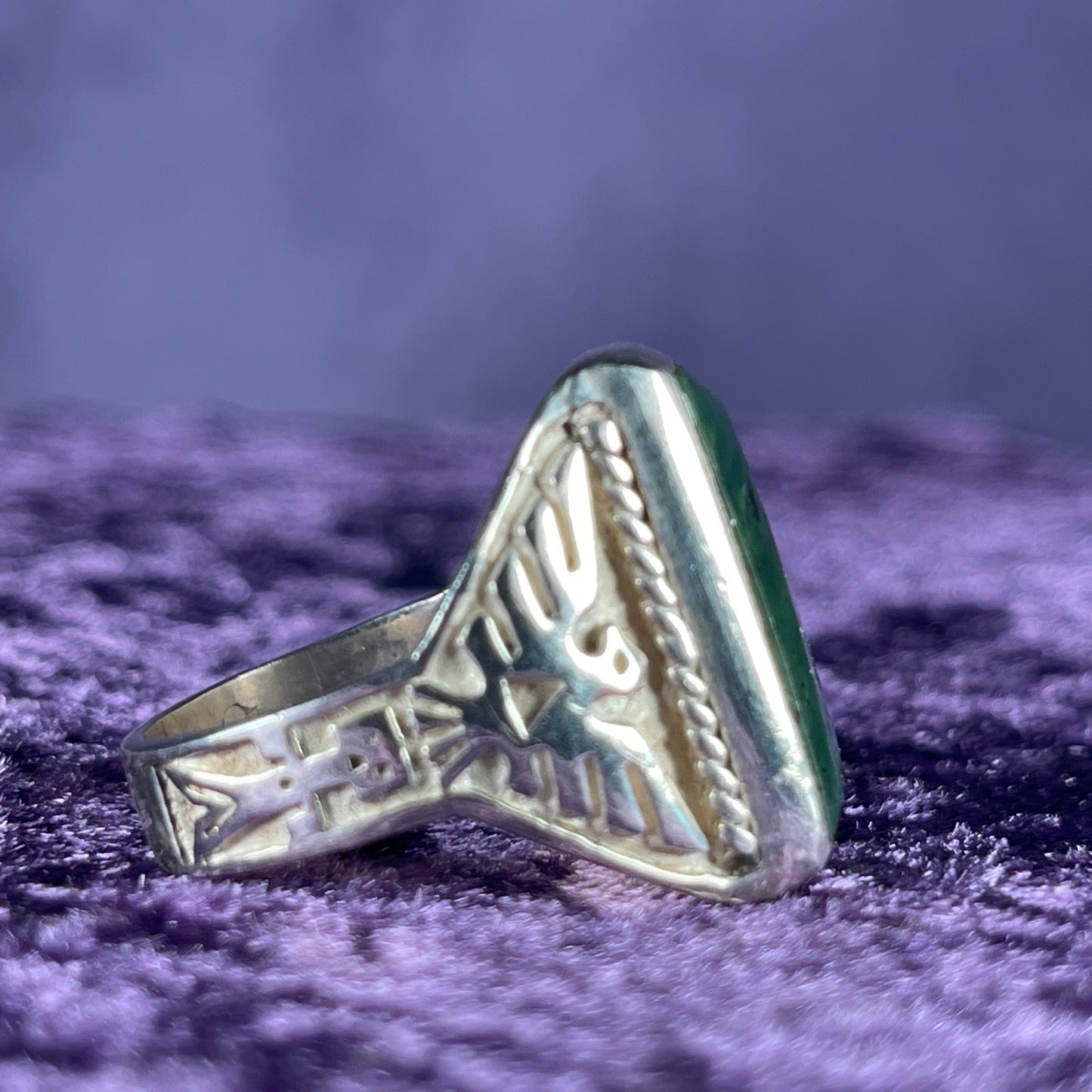 Vintage Native American Malachite Thunderbird &amp; Kachina Navajo 925 Silver Ring Size Y / 12&nbsp;