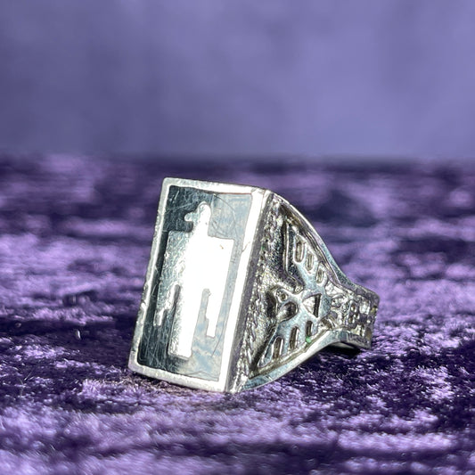 Vintage Native American Jet Thunderbird Navajo 925 Silver Ring Size S.5 / 9.5