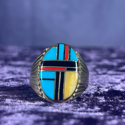 Native American Vintage Zuni Turquoise Jet Mother Pearl Sterling Silver 925 &nbsp;Ring Size T / 9.5&nbsp;