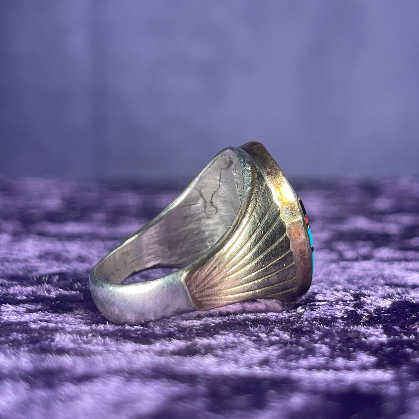 Native American Vintage Zuni Turquoise Jet Mother Pearl Sterling Silver 925 &nbsp;Ring Size T / 9.5&nbsp;