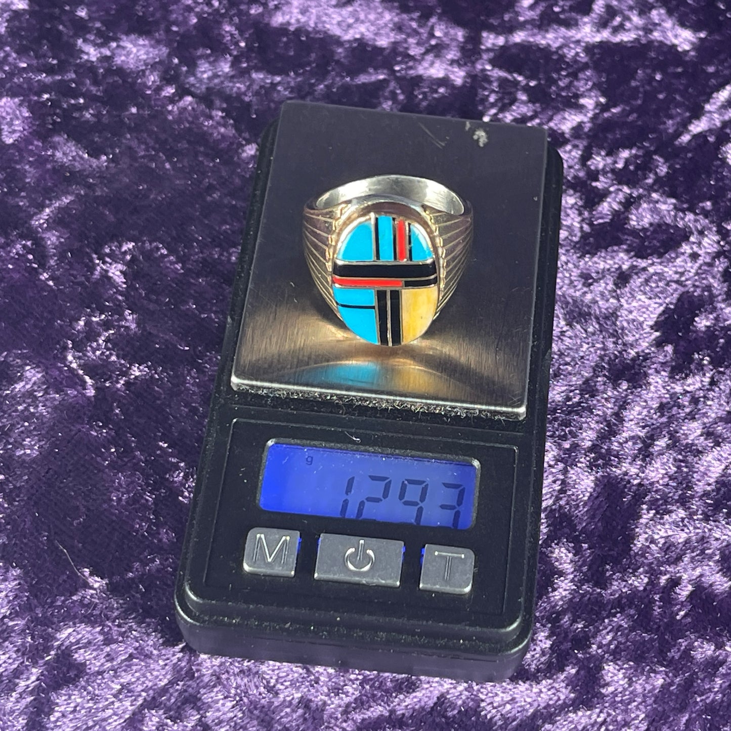 Native American Vintage Zuni Turquoise Jet Mother Pearl Sterling Silver 925 &nbsp;Ring Size T / 9.5&nbsp;