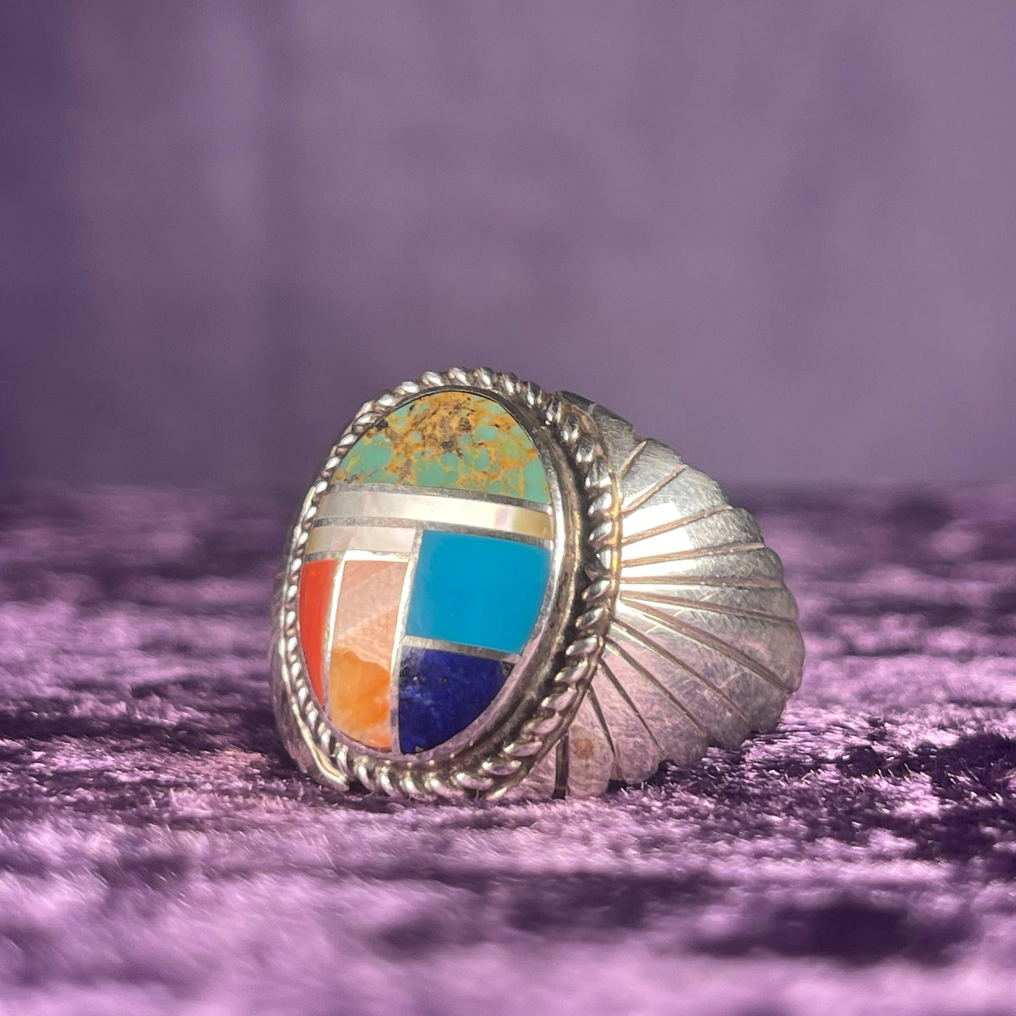 Native American Navajo Spider Web Turquoise Coral Oyster Sterling Silver 925 Ring Matt Jack Size Z.5 / 12.75