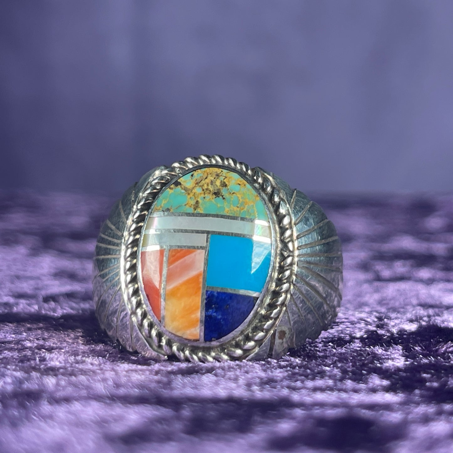 Native American Navajo Spider Web Turquoise Coral Oyster Sterling Silver 925 Ring Matt Jack Size Z.5 / 12.75