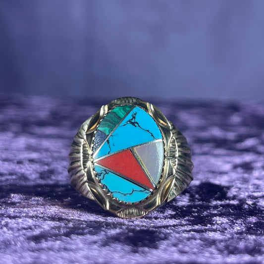 Native American Navajo Turquoise Coral Sterling Silver 925 Ring Size W 1/2 / 11.25