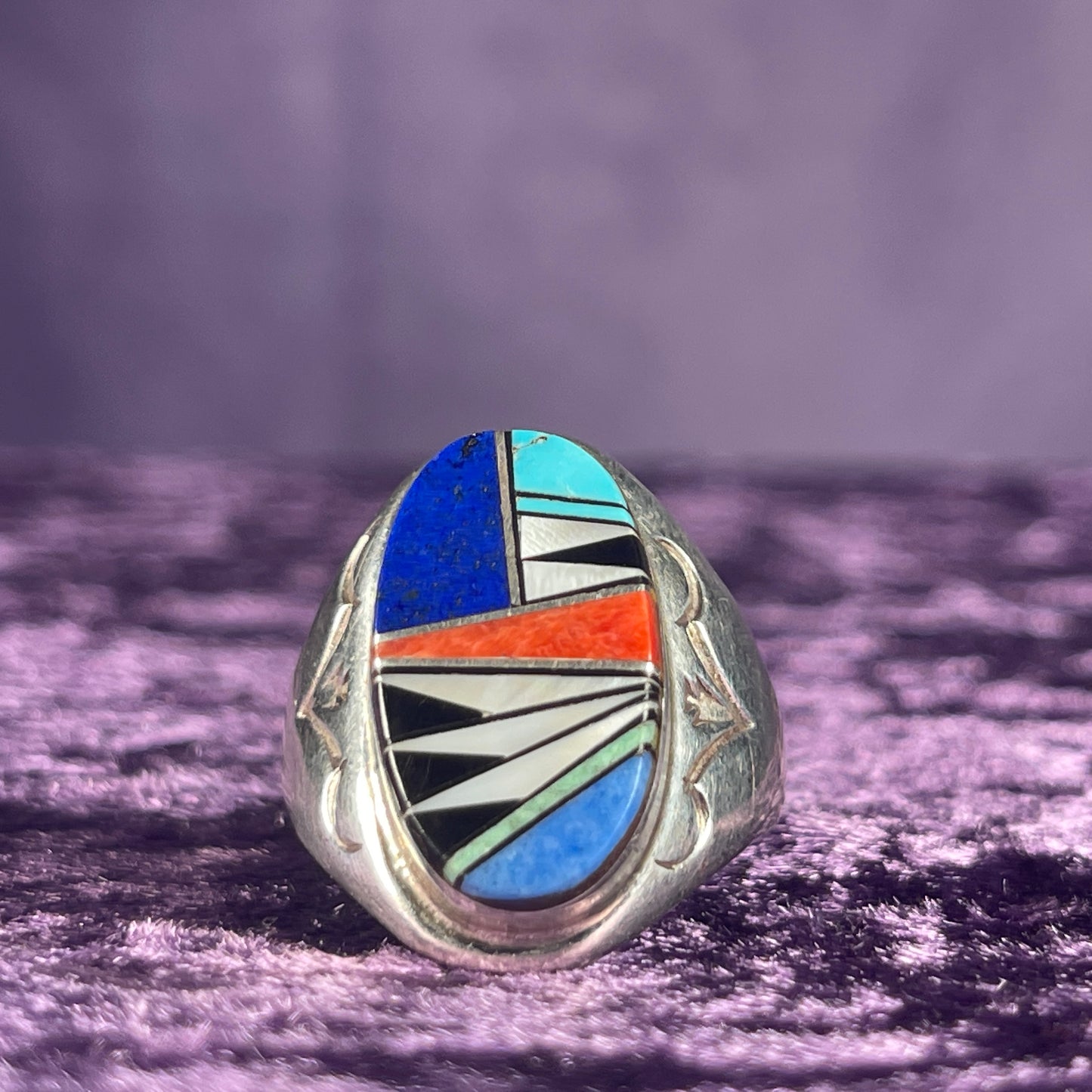 Native American Zuni Lapis Turquoise Mother of Pearl Coral Sterling Silver 925 Ring Size U 1/2 / 10.25