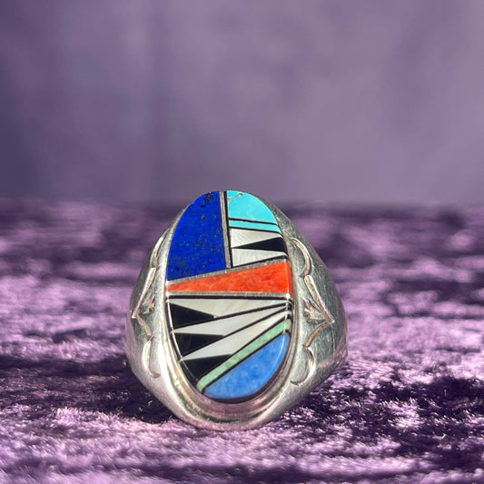 Native American Zuni Lapis Turquoise Mother of Pearl Coral Sterling Silver 925 Ring Size U 1/2 / 10.25