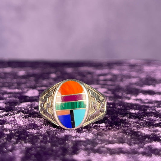 Vintage Navajo Thunderbird Multistone Sterling Silver Ring Size W / 11
