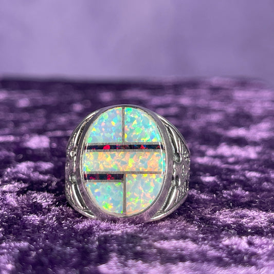Native American Contemporary Navajo White Opal &amp; Fire Opal Thunderbird 925 Silver Ring Size Z / 12.5&nbsp;