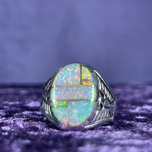 Native American Contemporary Navajo White Opal Thunderbird 925 Silver Ring Size Z / 12.5