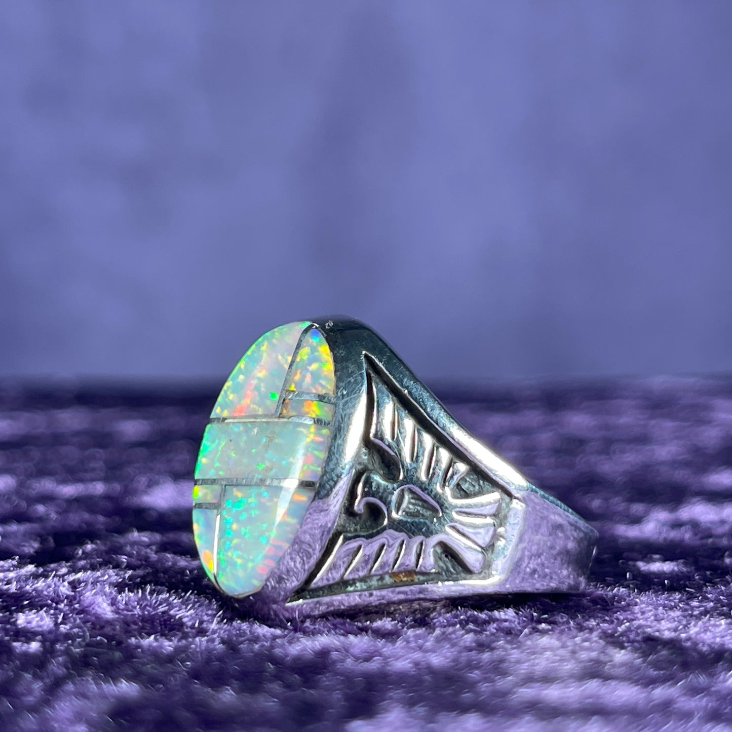 Native American Contemporary Navajo White Opal Thunderbird 925 Silver Ring Size Z / 12.5