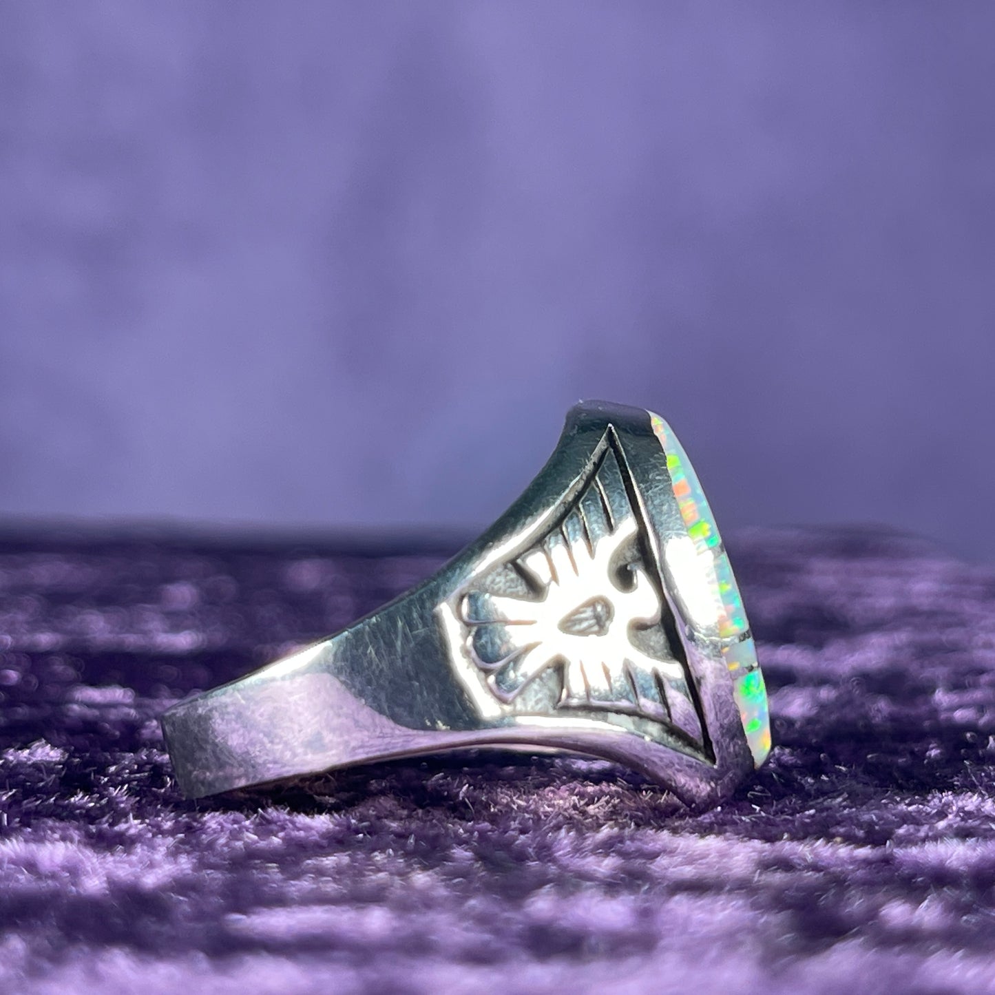 Native American Contemporary Navajo White Opal Thunderbird 925 Silver Ring Size Z / 12.5