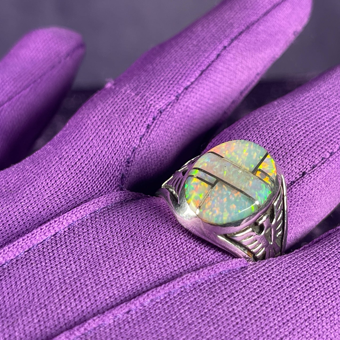 Native American Contemporary Navajo White Opal Thunderbird 925 Silver Ring Size Z / 12.5